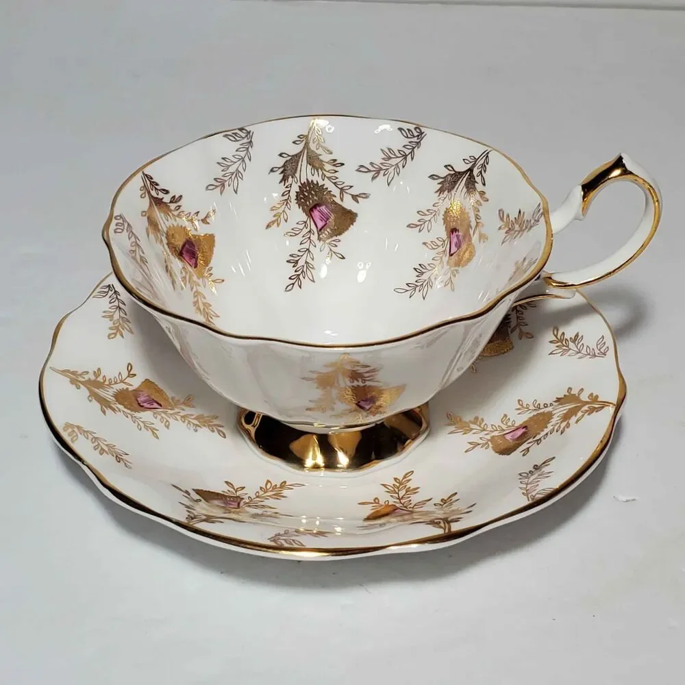 Queen Anne Teacup and Saucer Purple Gold Thistle Vintage